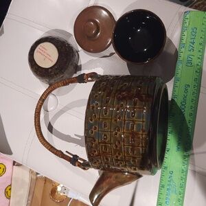 GENUINE BOMBAY & CO 5 Piece Elegant Etched Design Brown Green Blue Tea Set